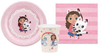 ZESTAW KOCI DOMEK GABI RÓŻOWY: TALERZYKI + KUBECZKI + SERWETKI