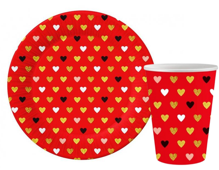 ZESTAW XOXO CZERWONE SERDUSZKA TALERZYKI+KUBECZKI