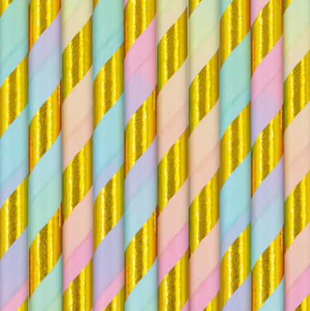 SŁOMKI PAPIEROWE PASTELOWE ZŁOTE PASKI 10 SZT