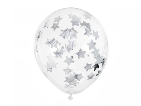 BALONY Z KONFETTI GWIAZDKI SREBRNY 30 CM 6 SZT
