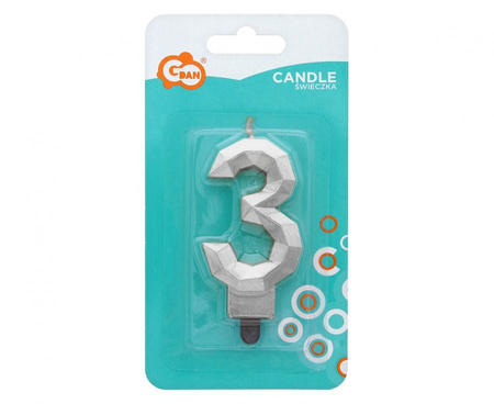 ŚWIECZKA CYFRA 3 DIAMENT METALIK SREBRNY 7,6 CM