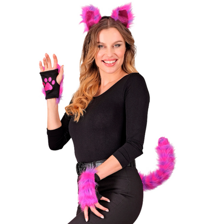 ZESTAW KOTA NEONOWY RÓŻOWY USZY OGON RĘKAWICZKI