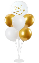 ZESTAW 3 BALONY ZŁOTE, 3 BALONY BIAŁE, STOJAK I BALON GOŁĄB