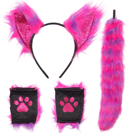 ZESTAW KOTA NEONOWY RÓŻOWY USZY OGON RĘKAWICZKI