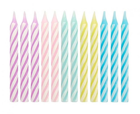 ŚWIECZKI URODZINOWE 24 SZT MAKARONIKOWE Z PASECZKIEM, 6 CM