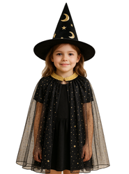 ZESTAW CZAROWNICY DZIECIĘCY W GWIAZDKI PELERYNA+KAPELUSZ