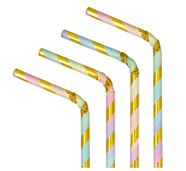 SŁOMKI PAPIEROWE PASTELOWE ZŁOTE PASKI 10 SZT