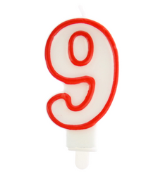 ŚWIECZKA URODZINOWA BIAŁA CYFRA 9 OBWÓDKA CZERWONA