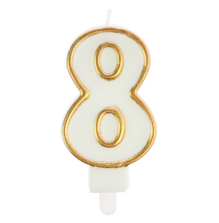 ŚWIECZKA URODZINOWA BIAŁA OBWÓDKA ZŁOTA CYFRA 8
