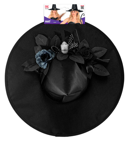 KAPELUSZ CZAROWNICY Z CZASZKĄ I KWIATAMI 45 CM HALLOWEEN