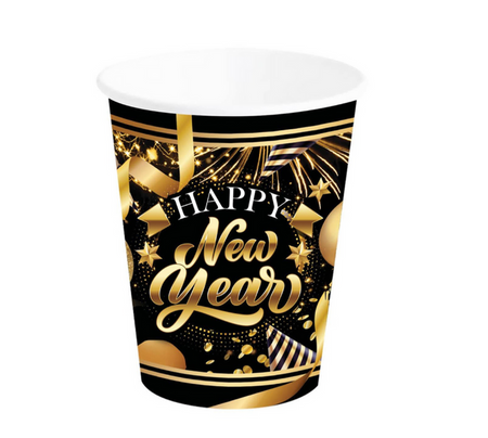 ZESTAW CZARNO-ZŁOTY: TALERZYKI + KUBECZKI HAPPY NEW YEAR 