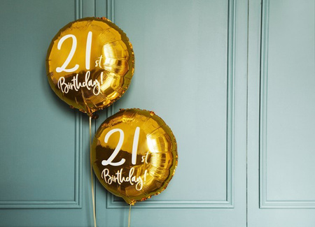Balon foliowy 21st Birthday, złoty, 45cm (1 karton / 50 szt.)