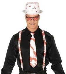 KRWAWY ZESTAW KAPELUSZ KRAWAT SZELKI
