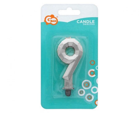 ŚWIECZKA CYFRA 9 DIAMENT METALIK SREBRNY 7,6 CM