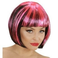 PERUKA DAMSKA BOB CZARNA PASEMKA RÓŻOWE