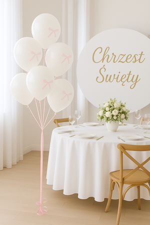 ZESTAW BIAŁE BALONY Z RÓŻOWĄ TASIEMKĄ I KROPKAMI KLEJOWYMI