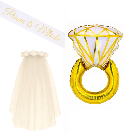 ZESTAW PANNA MŁODA: BALON PIERŚCIONEK + SZARFA PANNA MŁODA + OPASKA Z WELONEM