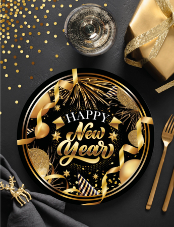 TALERZYKI PAPIEROWE SYLWESTROWE HAPPY NEW YEAR 23 CM 6 SZT