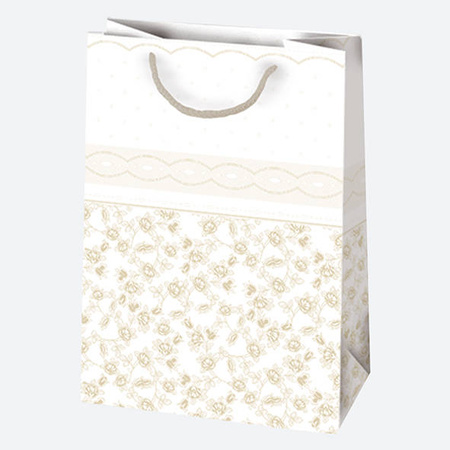 TORBA NA PREZENTY ZŁOTE KWIATY ZDOBIENIE 23X32X11CM