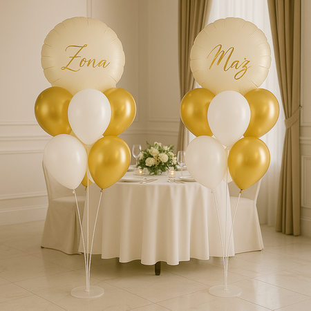 ZESTAW MĄŻ I ŻONA: 2 STOJAKI + 6 BALONÓW ZŁOTYCH + 6 BALONÓW BIAŁYCH + BALON MĄŻ + BALON ŻONA
