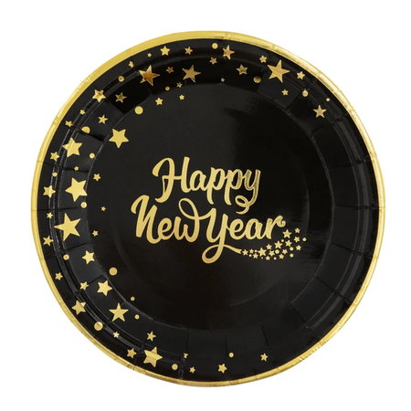 ZESTAW ZŁOTE GWIAZDY HAPPY NEW YEAR: TALERZYKI + KUBECZKI 