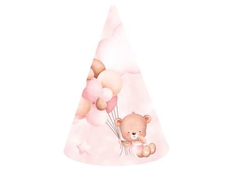 CZAPECZKI PAPIEROWE MISIE Z BALONIKAMI 6 SZT RÓŻ