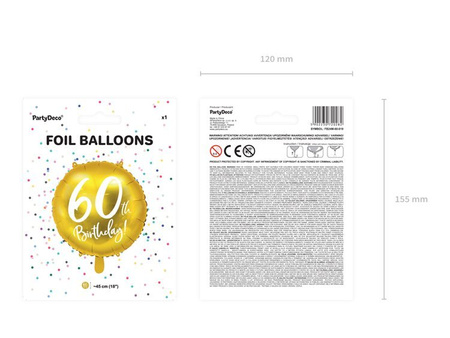 Balon foliowy 60th Birthday, złoty, 45cm (1 karton / 50 szt.)