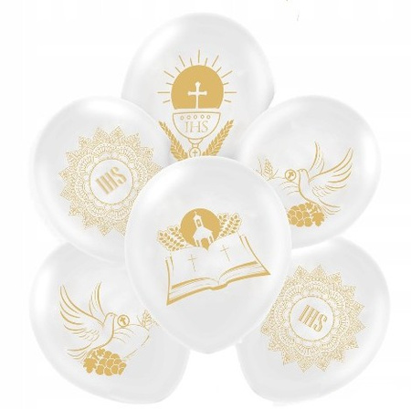 ZESTAW BALONY KOMUNIJNE BIAŁE ZŁOTY NADRUK + STOJAK 