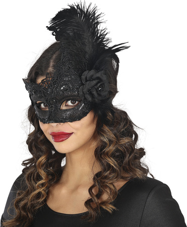 MASKA WENECKA CZARNA Z PIÓRAMI I KWIATEM