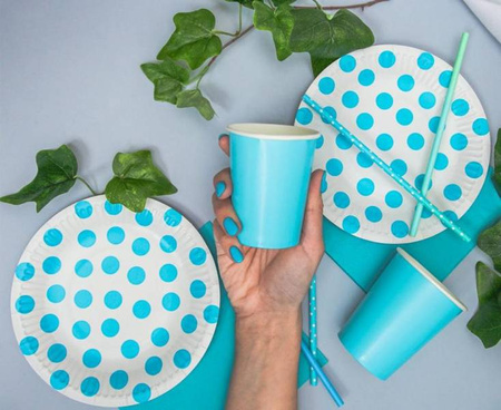 TALERZYKI PAPIEROWE BIAŁE W NIEBIESKIE GROSZKI 6 SZT