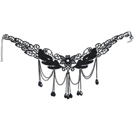 BLACK NECKLACE WITH FLOWERS AND STONES