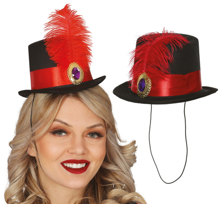 CZARNO CZERWONY KAPELUSIK Z PIÓRKIEM