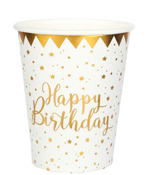 KUBECZKI PAPIEROWE URODZINY GWIAZDKI BIAŁE 270 ML 10 SZT