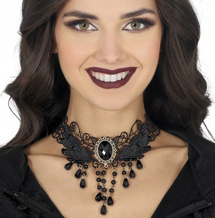 NASZYJNIK CHOKER CZARNY HAFT Z KORALIKAMI I KAMIENIEM