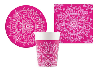 ZESTAW MANDALA RÓŻOWE TALERZYKI+KUBECZKI+SERWETKI
