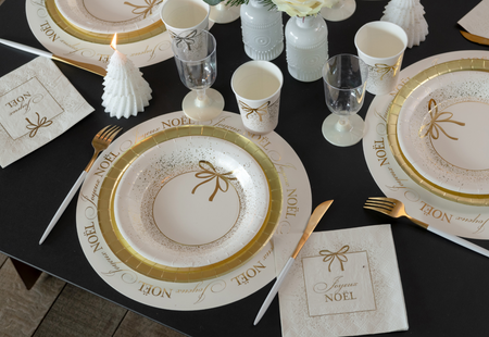 TALERZYKI PAPIEROWE ZŁOTA KOKARDKA KOŚĆ SŁONIOWA 23 CM 10 SZT