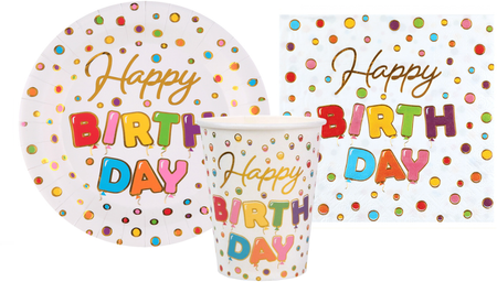 ZESTAW HAPPY BIRTHDAY KROPKI TALERZYKI+KUBECZKI+SERWETKI