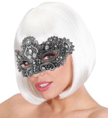MASKA WENECKA SREBRNA Z KORONKĄ 