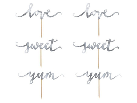 Dekoracje do muffinek Love, srebrny, 13cm (1 karton / 50 op.) (1 op. / 6 szt.)
