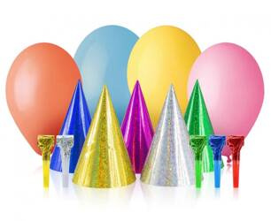 ZESTAW URODZINOWY BALONY CZAPECZKI TRĄBKI