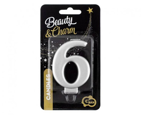 ŚWIECZKA CYFERKA 6 METALIK SREBRNA 8 CM