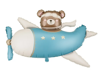 BALON FOLIOWY MIŚ W SAMOLOCIE 94 X 61 CM JASNY NIEBIESKI