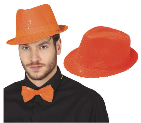 KAPELUSZ NEONOWY CEKINOWY GANGSTERA POMARAŃCZOWY