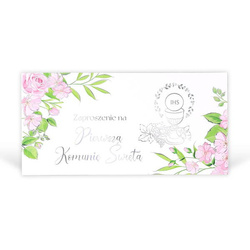 ZAPROSZENIA NA KOMUNIĘ RÓŻOWE KWIATY 10 SZT. IHS