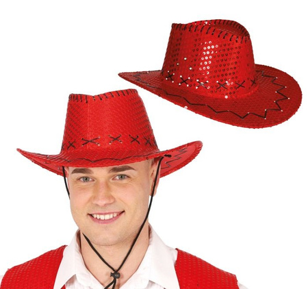 KAPELUSZ KOWBOJSKI CEKINOWY CZERWONY