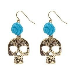 KOLCZYKI CZASZKI ZŁOTO-NIEBIESKIE LOS MUERTOS