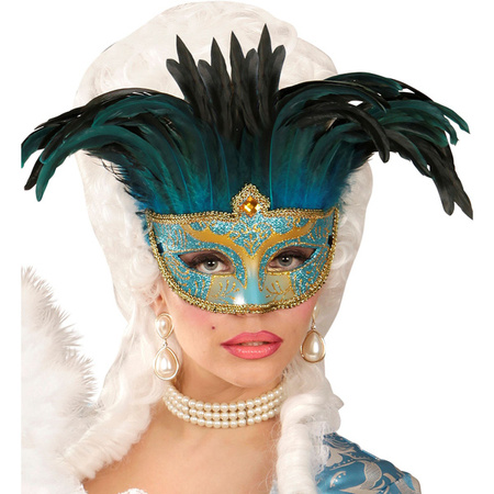 MASKA KARNAWAŁOWA NIEBIESKA Z PIÓRAMI