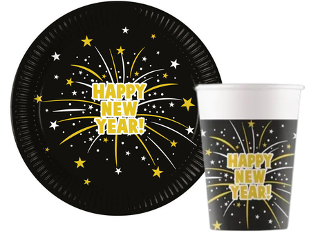 ZESTAW HAPPY NEW YEAR CZARNY TALERZYKI+KUBECZKI