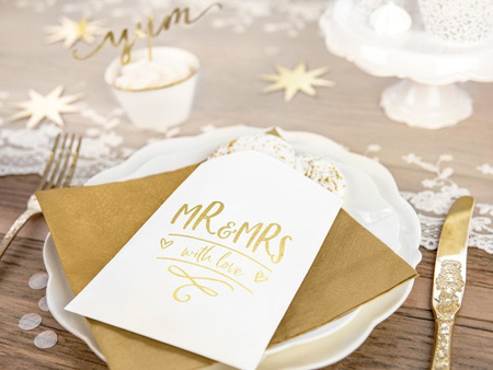 Torebki na słodycze Mr & Mrs, złoty, 13x14cm (1 karton / 50 op.) (1 op. / 6 szt.)