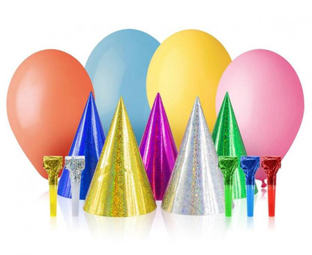 ZESTAW URODZINOWY BALONY CZAPECZKI TRĄBKI